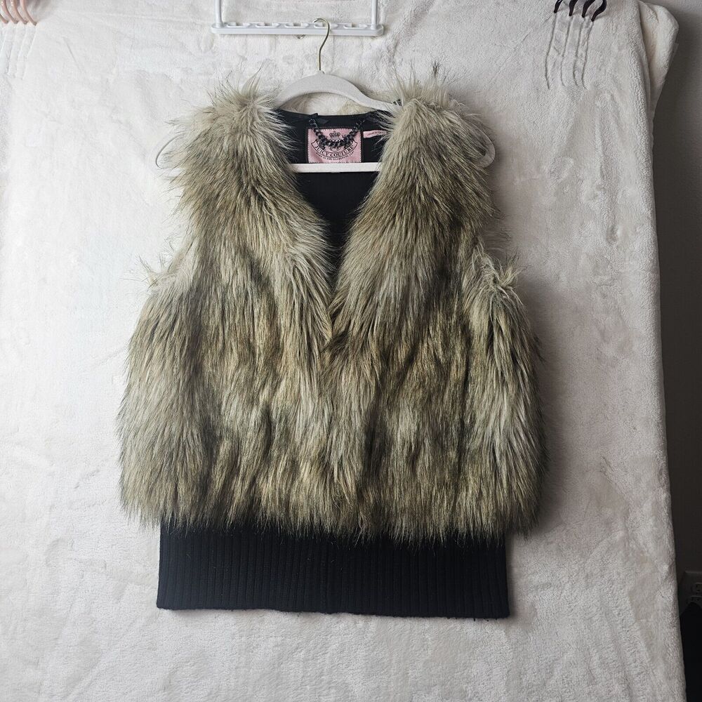 Juicy Couture faux fur vest womens M tan black rouching